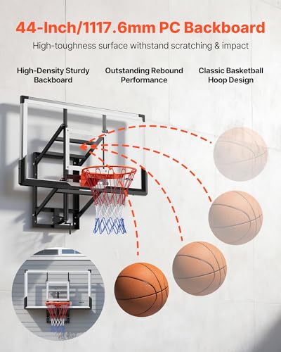 Image of VEVOR Basketball Hoop, 44 54 Inchs PC Backboard Wall Mounted, Basketball Portable Hoop & Goal, Indoor & Outdoor with Hand-Crank Adjustment, Classic Basketball Court, Teens, Adults, Schools, Parks