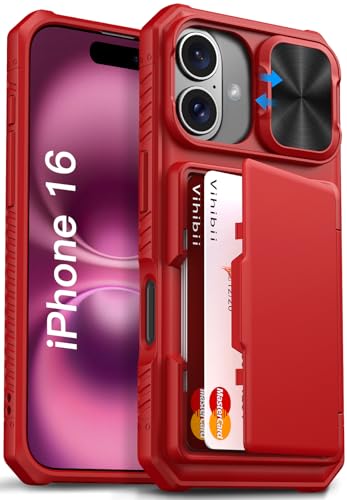 Image of Vihibii for iPhone 16 Wallet Case with Card Holder (4 Cards) [RFID Blocking] & Slide Camera Cover & Raised Edges Protect Screen, Shockproof Rugged Phone Cover for iPhone 16 6.1 inch 2024, Red