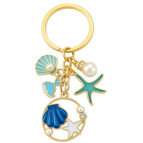 Porte-Clés Océan – Porte-Clé Plage Bagages Décor Breloques De Sac Pour Femmes, Décorations En Perles, Étoile De Mer Et Coquillage, Jolis Porte-Cléf Cadeaux Pour Femmes Et Amoureux De L’Océan – Bleu