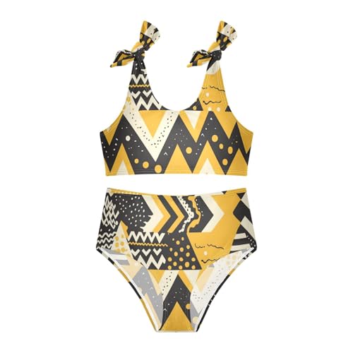 Fashion Zigzag Pattern Yellow Girls 2 Piecing Kids Bikini Set Scoop Neck Swimsuits Swimming Suits Cute Shoulder Strap3