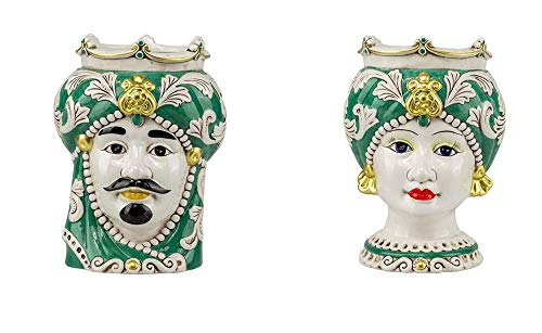 Coppia teste di moro regina e re in ceramica siciliana harmony decorata a mano verde moderno h25cm