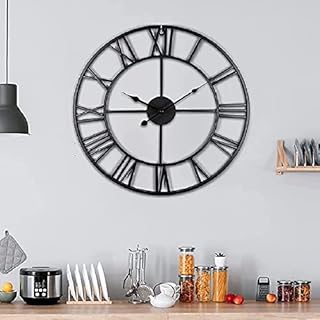MorNon 60cm Vintage Large Wall Clock Round Nearly Silent Non Ticking Metal Roman Numeral Decor Clock Battery Lounge Clocks Wall for Living Room Bedroom Kitchen Decor Cafe Hotel Office 24inch (Black)