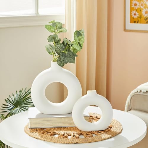 Image of Amazon Basics Modish Ceramic Donut Shaped Vase | for Unique Home Decor (Pack of 2 | White)