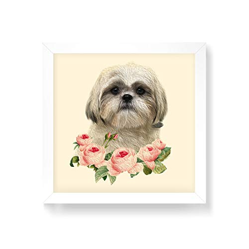 Arte Maníacos Quadro Decorativo Shih-tzu Flores - 30x30cm (Moldura em laca branca)