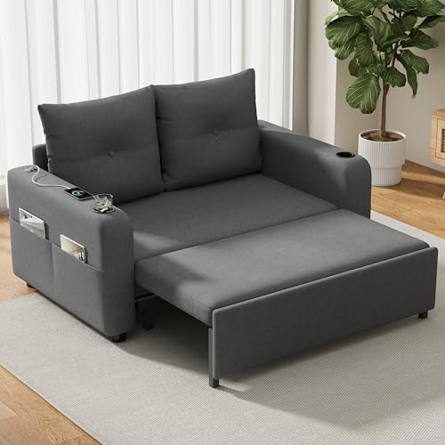 Merax Schlafsofa 2-Sitzer | 131x187x94 cm - Kleines Sofa - mit Schlaffunktion, klappbare 3-in-1 Schlafcouch Ausziehbar mit Getränkehalter, USB-Anschluss und Seitentaschen - Leinenstoff Sofabett, Grau