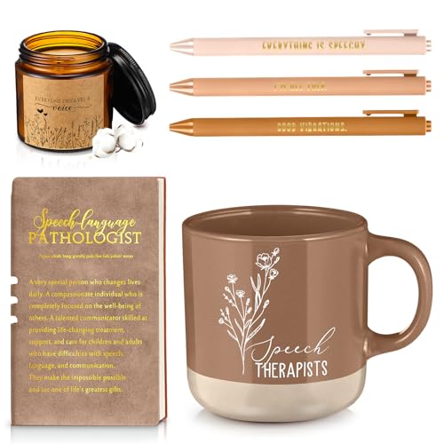 Didaey 6 Pcs Speech Therapist Gift Slp Gift Speech Language Pathologist Gifts Set for Women Men Slp Must Haves 13oz Ceramics Mug Candle A6 Journal with Pens for Women Graduation Retirement(Brown)