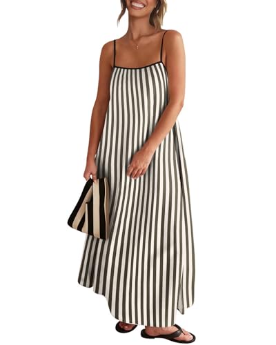 Image of Senllen Women's Linen Dress Summer Loose Flowy Sundress Contrast Spaghetti Strap Sleeveless Backless Beach Maxi Long Dresses