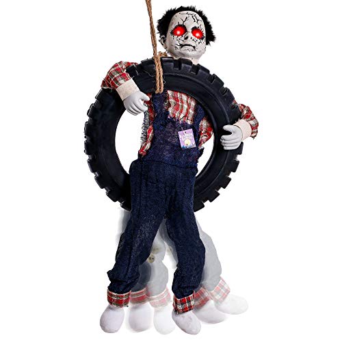 Halloween Haunters 3 Foot Animated Hanging Swinging Leg Kicking Zombie Boy Reaper in Tire Swing Prop Decoration - 16