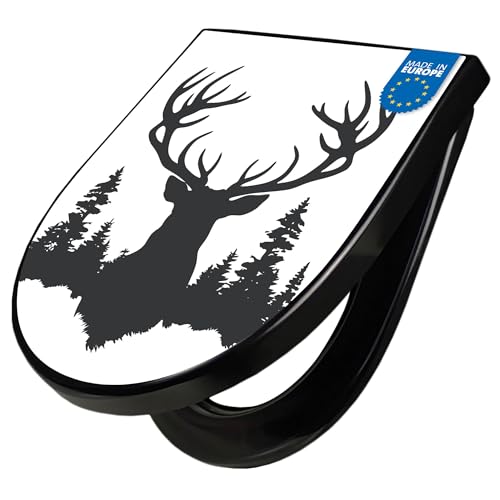 banjado WC Sitz mit Absenkautomatik D Form - Toilettendeckel mit Absenkautomatik D Form - Klodeckel Softclose - stabile Klobrille - Toilettensitz Schwarz - Motiv Hirsch im Wald Silhouette