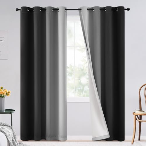 Image of SimpleHome Ombre 100% Blackout Curtains for Bedroom 84 Inches Long, Black with White Liner Room Darkening Thermal Insulated Grommet Curtain /Drapes for Living Room,2 Panels Set