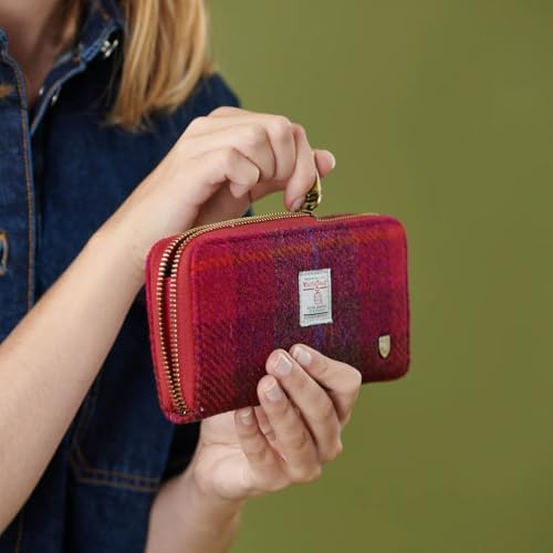 Image of Islander HarrisTweed & PU Leather women's long zip purse, Carry Cash & card, Scottish Style, Fuchisa Tartan
