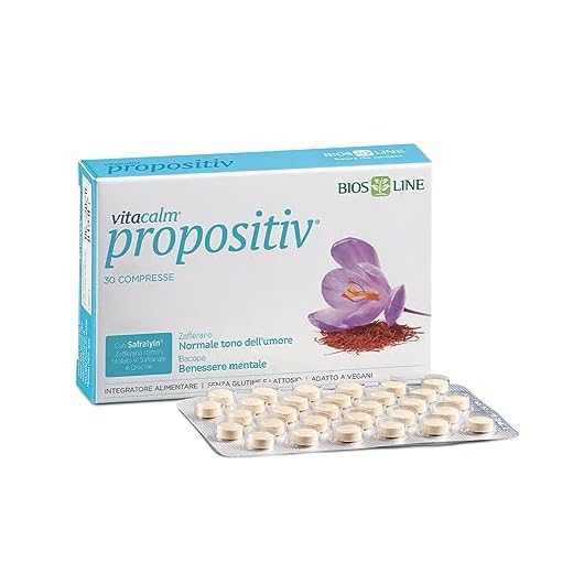BIOS LINE VitaCalm Propositiv, Integratore alimentare con Safralyin, Polvere di stimmi di Zafferano ed estratto di Bacopa, 30 Compresse per regolarizzare l'umore e ritrovare la positività