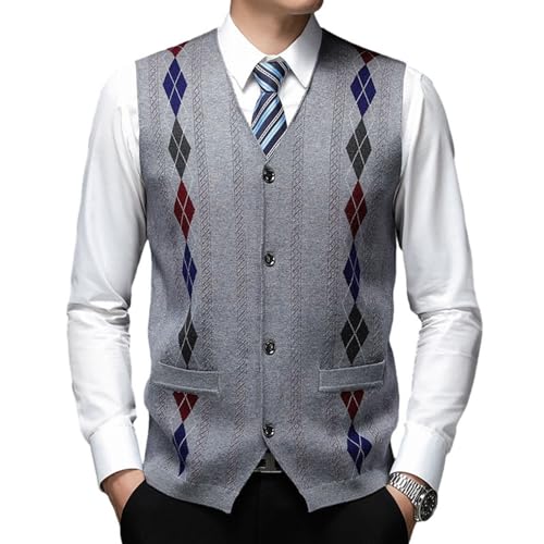 [Sakunaca] セーター ベスト ライトグレー 前開き ニットベスト メンズ ｖネック ノースリーブ 春秋冬 保温 防寒 カジュアル オフィス トップス 家庭洗濯OK 柔らか ストレッチ タイト 大きいサイズ 大人 アーガイル柄 3XL