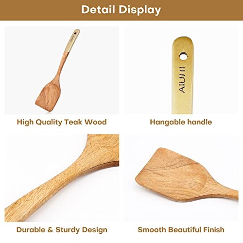 Wooden Spatula, Teak Wooden Spatula For Cooking, Wooden Turner Large Wok Spatula Durable, Non-Stick Cooking Utensil (Brown) #TOP4