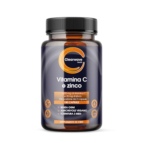 Vitamina C e zinco - 180 capsule vegane di vitamina C zinco - 1200 mg di vitamina C e 25 mg di zinco - vitamina C e zinco per sostenere il sistema immunitario - vitamina C ad alto dosaggio