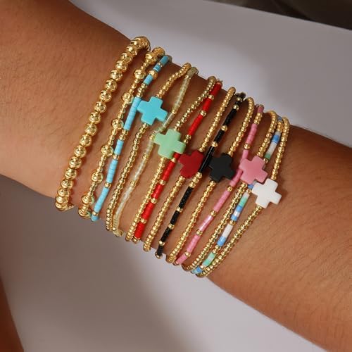 4PCS/Set Cross 14K Gold Ball Beaded Bracelets Stack for Women,Handmade Bohemian Colorful Beads Stretch Stackable Bracelets Fashion Prom Jewelry Gift4