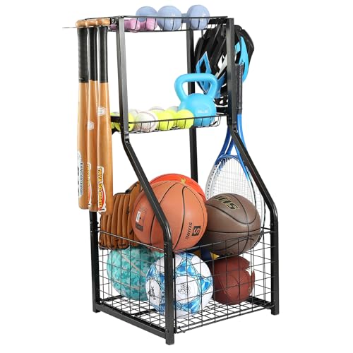 YueTong Sports Equipment Organizer for Garage Organization,Ball Storage With Basketball Holder and Ball Cart Rack,Outdoor Toy Storage with Bin for Nerf Gun,Football,Volleyball Stuf,Gym Accessories