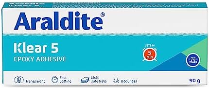 Araldite Adhesive Klear 5, 90g (R & H 45 g), Transparent Epoxy Glue with 5 Mins of set time for quick fix & repair, Ideal as metal, glass, wood for furniture, waterproof.