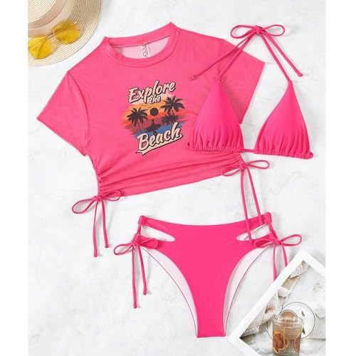 Image of Sexybody Women's 3 Piece Swimsuit Halter String Bikini Tie Side Mesh Short Sleeve Bathing Suits