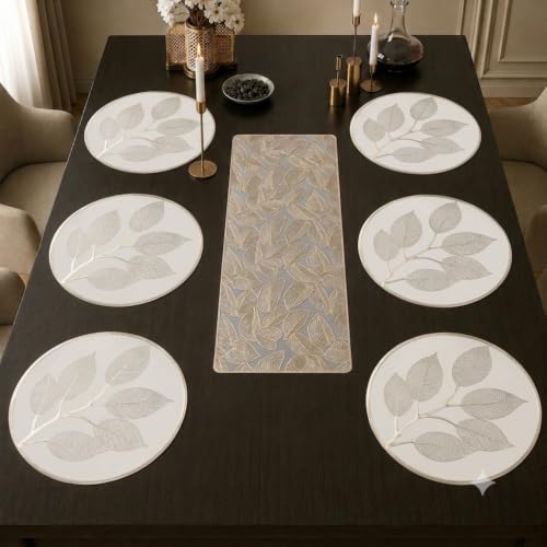 Image of Dakshya Industries Leaf Shape PVC Placemat Set of 7 | 6 Dining Table Mats with 1 Runner Waterproof Washable Heat Resistant Table Decor