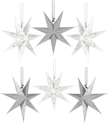 BRUBAKER Set de 6 Estrellas de Papel para Navidad - Decoración de Adviento y Árbol Grande - Plegables 20 cm - Plateado y Blanco
