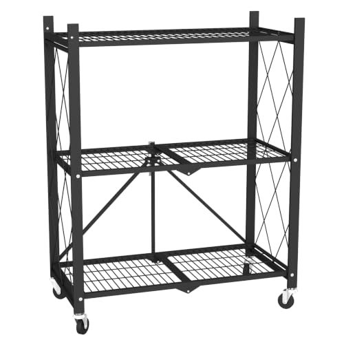 Image of black leopard 3-Tier Foldable Metal Storage Shelf with Wheels, Black | Foldable Design; 85 lb Capacity per Shelf; Preassembled Frame; Lockable Casters; Reinforced Metal Construction