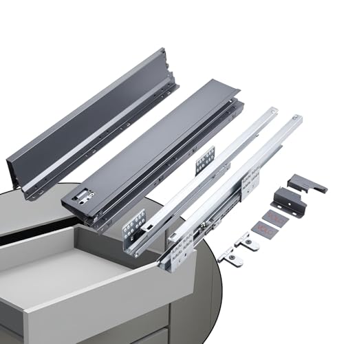 Image of VOLO Soft Close Tandem Drawer Slide System for Modular Kitchen - Double Gallery Metal Side Panels, Innotech Type, 50Kg Load Capacity | 1 Set | Grey, 4 Inch X 500MM /20 inch
