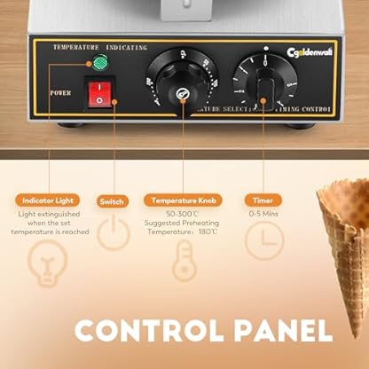 Cgoldenwall NP-601 Kommerzielle Eiswaffel Maschine 1000W Elektrische Edelstahl Waffeleisen mit Temperaturregelung – Bild 6