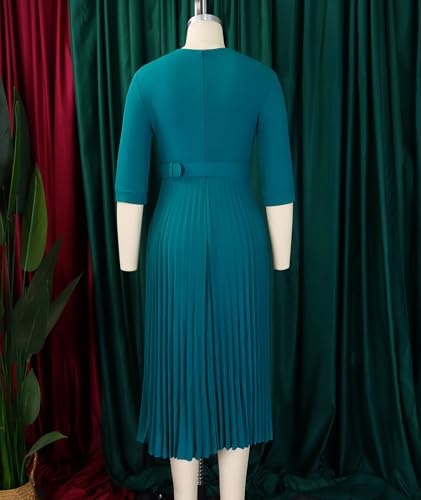 Image of SOMTHRON Women's Elegant 3 /4 Sleeve Blazer Dress V Neck Lapel Pleated Business Work Swing Midi Dress with Belt
