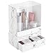 Produktbild mDesign 2er-Set Schminkaufbewahrung  stapelbare Aufbewahrungsbox mit 2 Schubladen und einem Kasten mit Deckel für Make-Up und Pflege  Kosmetik Organizer mit Marmormuster  weiß und grau