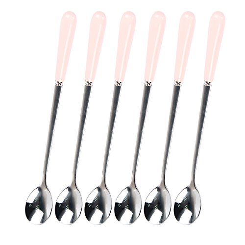 bouti1583 Long Handle Spoons, Coffee Stirrers, Set of 6 Stainless Steel Spoons 7.6" for Iced Tea Milk Cocktail Mixing Milkshake Ice Cream Cold Drink, Cute Small Tableware with Ceramic Pink