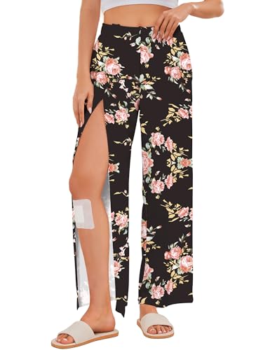 CARANXTEX Womens Tear Away Pants Side Full Open Pajama Pants Post Hip Knee Leg Surgery Recovery Adaptive Clothing with Pocket B Pink Flower Large