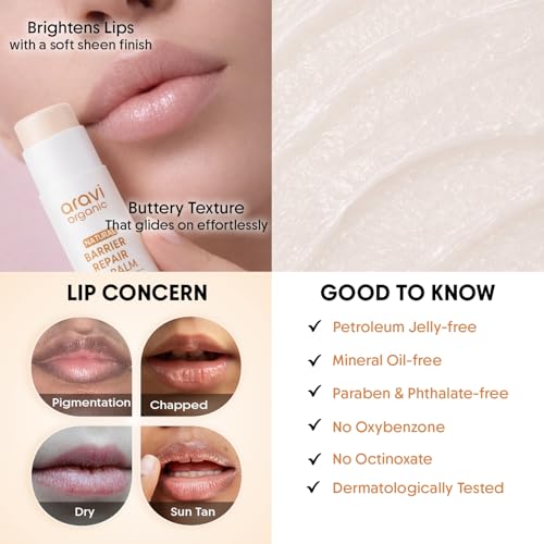 Image of Aravi Organic Barrier Repair Natural Lip Balm SPF 50 PA++++ | Lip Balm for Dark, Dry & Pigmented Lips | Kojic Acid, Ceramide & Peptide | Brightening, Hydrating & Sun Protection Lip Balm for Women & Men - 5g