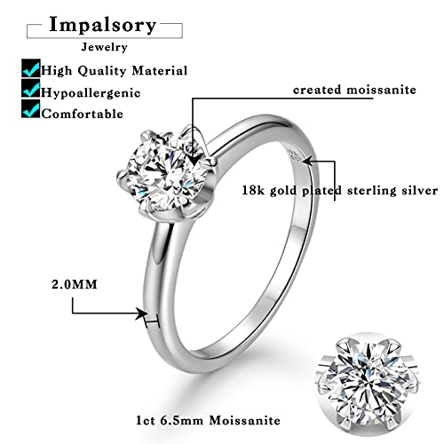 Impalsory Moissanite Engagement Ring, 1ct 6.5mm Round Lab Created Moissanite Solitaire Wedding Promise Rings for Women Men 18K White Gold Plated Sterling Silver Size 5-83