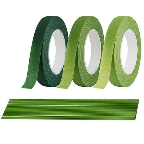 CANCYCC 3 Rollen Floristenband mit 100 Stück Grün Blumendraht 12 mm Floristik Kreppband Selbstklebend Blumenband Floristikdraht für Blumenstrauß Stiel Verpacken und Blumenhandwerk 27m/Rolle