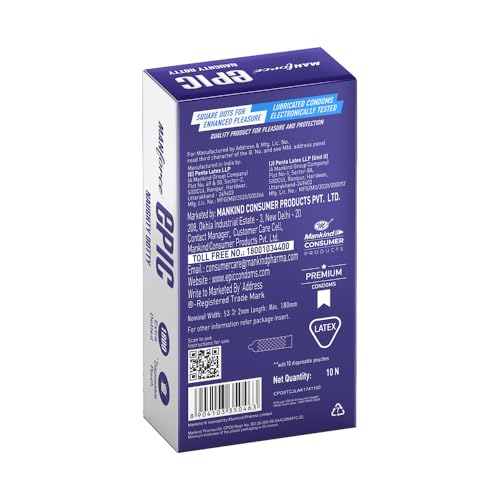 Image of Manforce Epic Naughty Dotty Premium Condoms | 10 Sheets | Extra Dotted with 1800 Square Dots | Latex, Lubricated, Vegan, Cruelty-Free