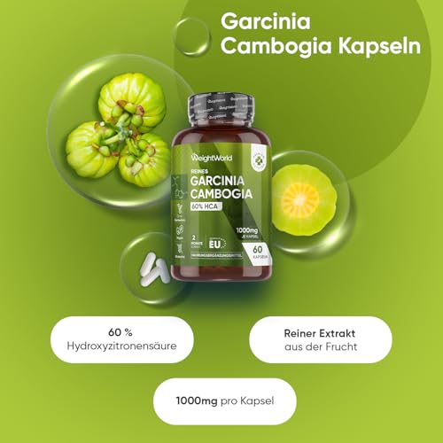 Garcinia Cambogia Fruchtextrakt - 1000mg pro Kapsel - 60% Hydroxycitronensäure - 2 Monate Vorrat - 60 vegane Kapseln - Glutenfrei - Pure Garcinia Malabar Tamarind von WeightWorld
