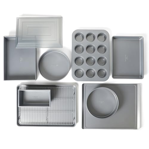 Image of Calphalon Titan 10-Piece Nonstick Bakeware Set, Baking Sheet Set, Steel Core PFA-Free Nonstick Coating, Oven Safe, Includes Sheet Pans, Muffin Pan, Round Cake Pans, Loaf Pan and Cooling Rack - Silver