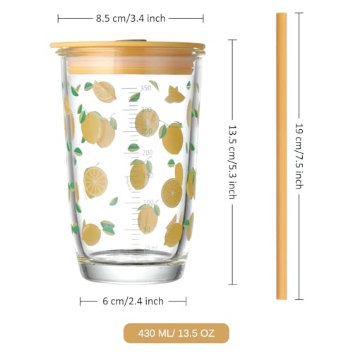Image of Glass Tumbler with Scale,Straw and Lid, Portable Glass Drinking Jar with Lemon Pattern, Thick Glass Cup for Coffee Juice Milkshake (430ML, Pack of 1, Yellow)