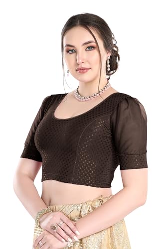 Image of FINESTFIT Stay On Trend Fashion 100% Cotton Readymade Blouses for Women,Round Neckline with Organza Balloon Sleeves.