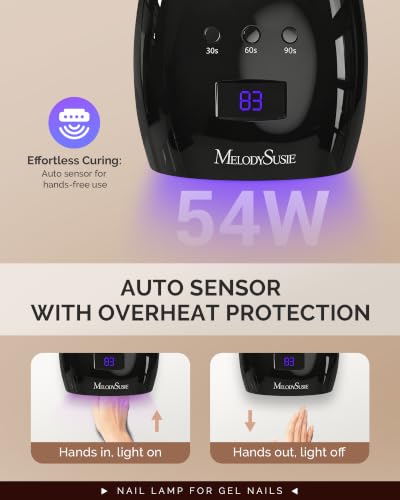 Image of MelodySusie Detachable Base UV /LED Nail Lamp P-Plus30I for Hard Gel | 54W, 3 Timer Settings, Smart Sensor, LCD Display, 30 UV /LED Beads, Rhinestone Glue, Solid Nail Glue Gel, Liner Gel, Black