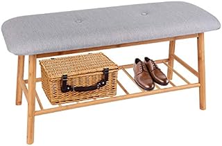 Bamboo Upholstered Shoe Bench Seat - Entryway Hallway Ottoman Footstool, 1-Tier Rack