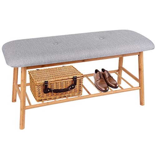 Bamboo Upholstered Shoe Bench Seat - Entryway Hallway Ottoman Footstool, 1-Tier Rack for Storage Box & Shoes, Soft Grey Cushion, 35.5L x 13.4W x 17.7H Inch