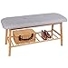 Bamboo Upholstered Shoe Bench Seat - Entryway Hallway Ottoman Footstool, 1-Tier Rack for Storage Box & Shoes, Soft Grey Cushion, 35.5L x 13.4W x 17.7H Inch