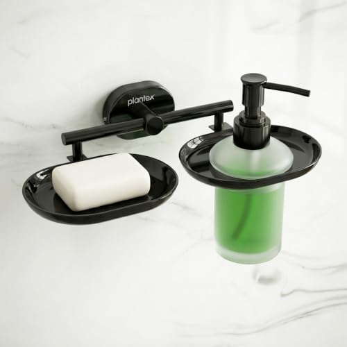 Image of Plantex J4 Stainless Steel Soap Dish with Liquid Dispenser /Soap Stand for Bathroom Wall Mount /Shampoo Dispenser /Bathroom Accessories (PVD Black Finish) Onix