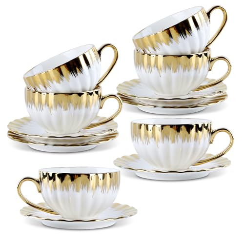 Teetassen und Untertassen, 6er Set (200 ml) mit Goldrand, Porzellan Cappuccino Tasse set, Mochatassen, Keramik Espressotasse, Kaffeeservice, Weiße Tasse