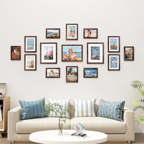 Image of Vittanly 15 Pack Picture Frames Collage Wall Decor for Mounting or Tabletop Display, Gallery Frame Set for Family, Multi Sizes Including 3pcs 8x10, 6pcs 5x7, 6pcs 4x6, Brown