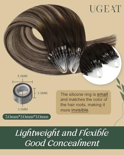 Ugeat Micro Loop Hair Extensions Human Hair 20 inch Dark Brown Balayage Micro Ring Hair Extensions Real Human Hair Ash Blonde Ombre 50G/50S #4/18/4 Natural - Image 3