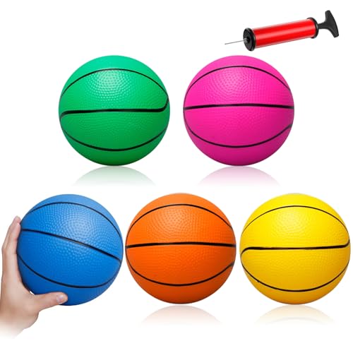 WHENZOO - 5Pcs Mini Basketball Set, 16cm Colorful Kids Mini Toy Basketball, Inflation Soft Rubber Small Basketball for Over Door Basketball Hoop, Swimming Pool, Indoor And Outdoor (with Air Pump and Needles)