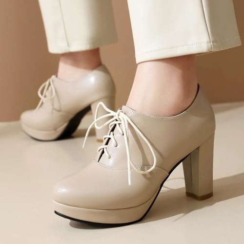 Gicoiz Lace Up Block Heels Women Round Toe Office Oxfords2